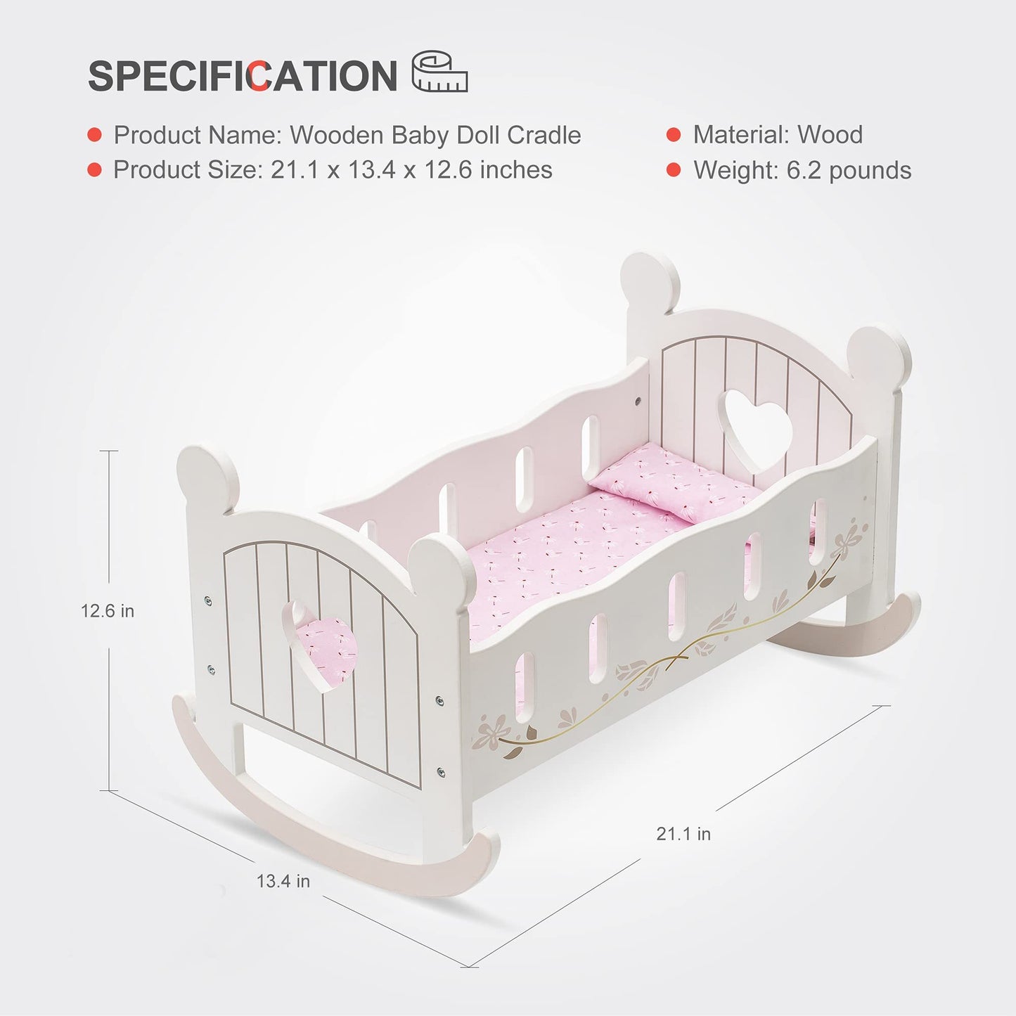 ROBOTIME Wooden Rocking Doll Cradle Bed (Fits 18" Dolls)