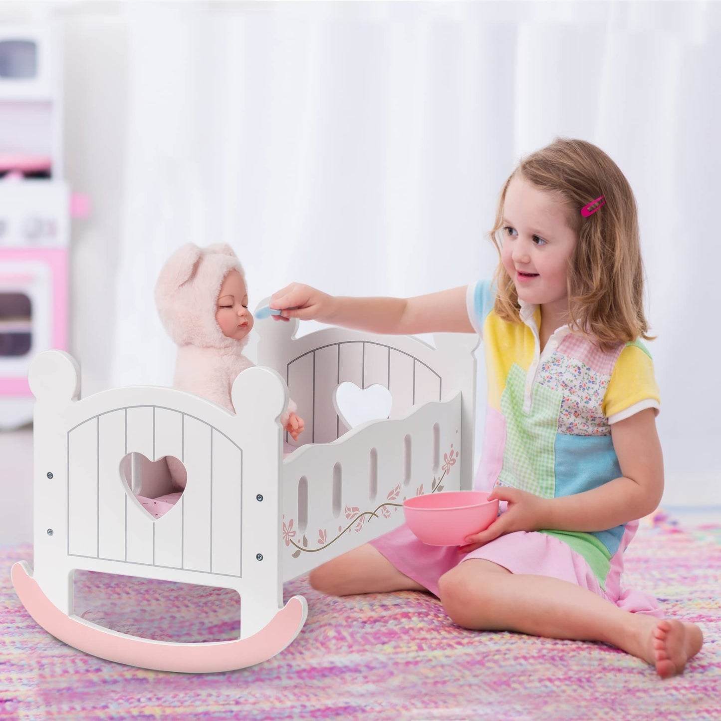 ROBOTIME Wooden Rocking Doll Cradle Bed (Fits 18" Dolls)